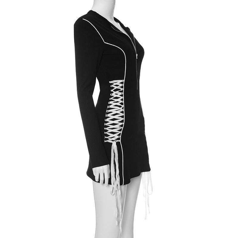 Y2K Aesthetic Crewneck Long Sleeve Lace-Up Mini Dress - Grunge & Coquette Style