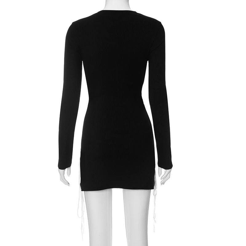 Y2K Aesthetic Crewneck Long Sleeve Lace-Up Mini Dress - Grunge & Coquette Style