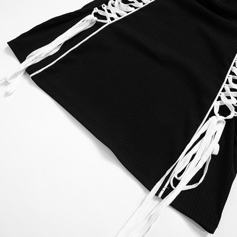 Y2K Aesthetic Crewneck Long Sleeve Lace-Up Mini Dress - Grunge & Coquette Style