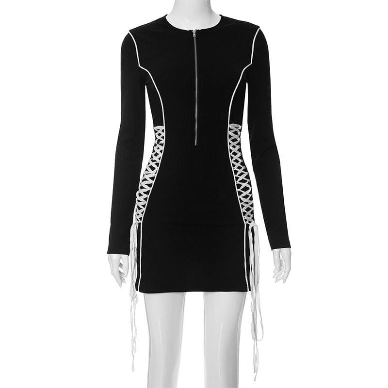 Y2K Aesthetic Crewneck Long Sleeve Lace-Up Mini Dress - Grunge & Coquette Style