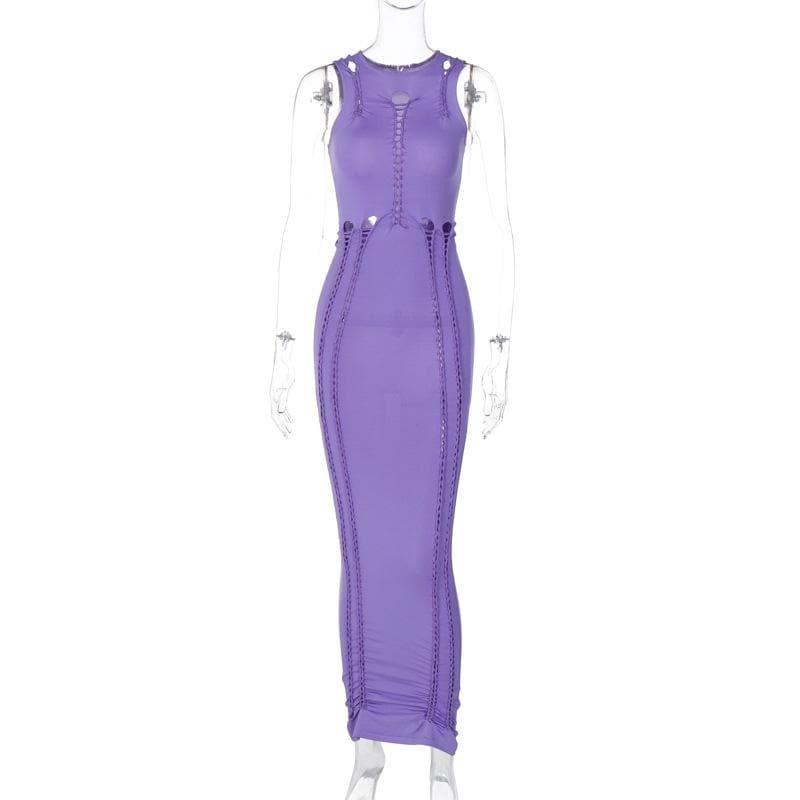 Y2K Aesthetic Crewneck Sleeveless Ruched Cut-Out Maxi Dress - Coquette & Grunge Style