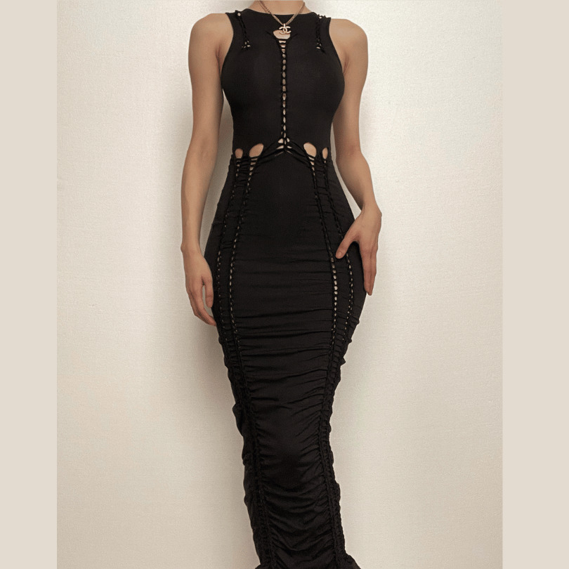 Y2K Aesthetic Crewneck Sleeveless Ruched Cut-Out Maxi Dress - Coquette & Grunge Style