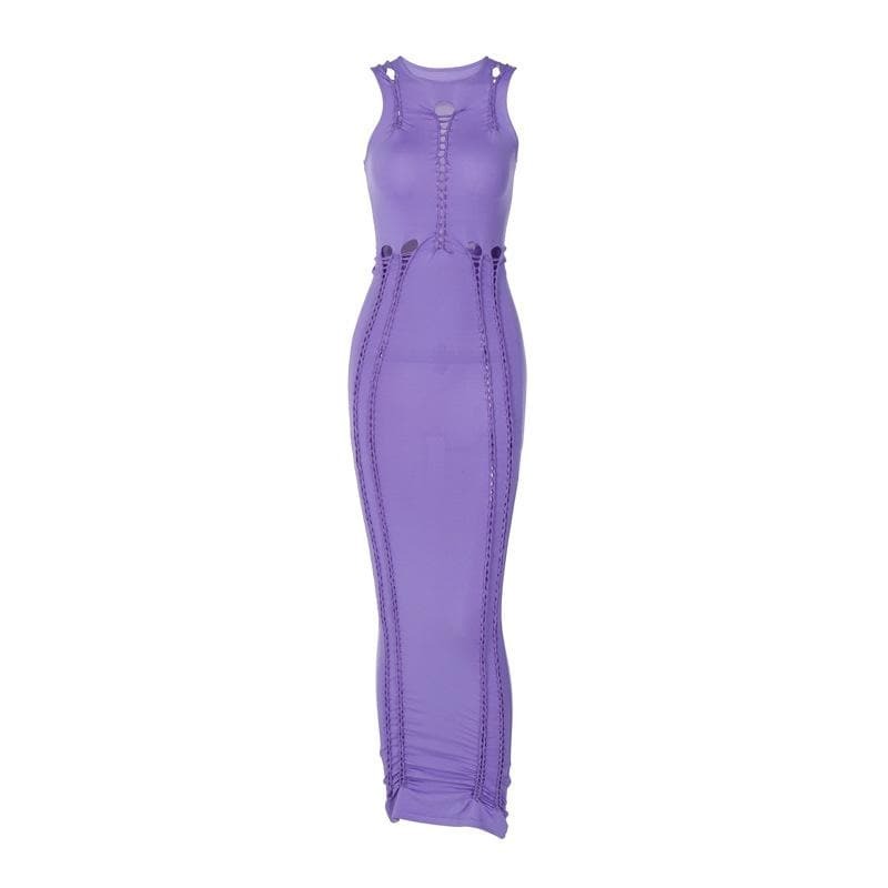Y2K Aesthetic Crewneck Sleeveless Ruched Cut-Out Maxi Dress - Coquette & Grunge Style