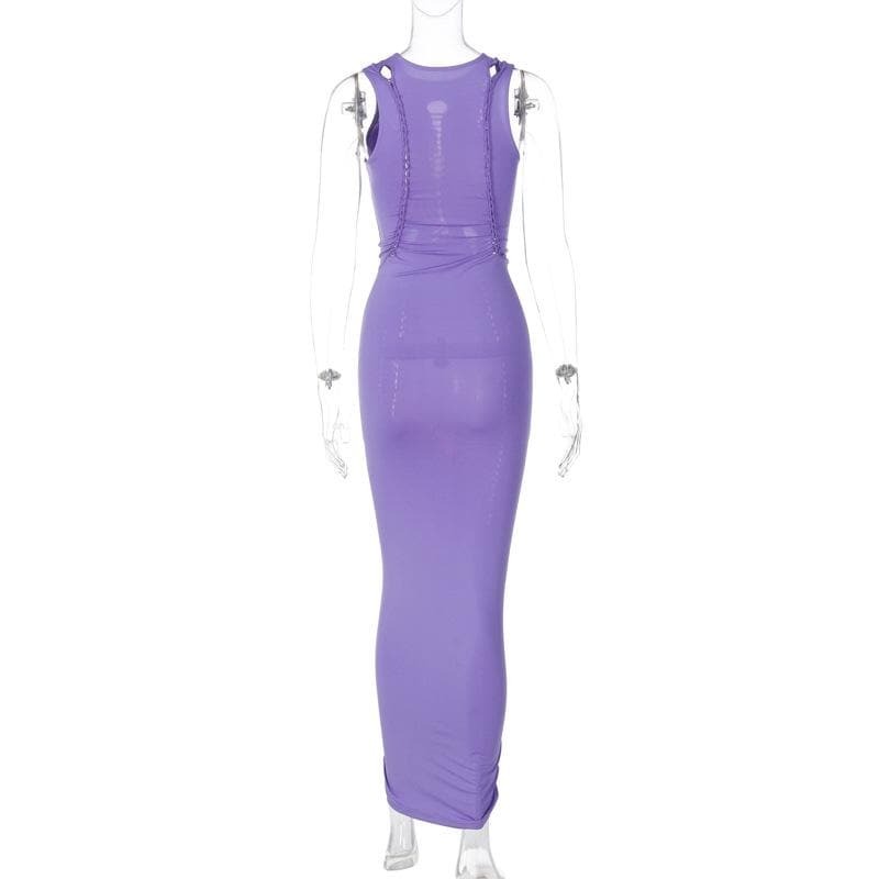 Y2K Aesthetic Crewneck Sleeveless Ruched Cut-Out Maxi Dress - Coquette & Grunge Style