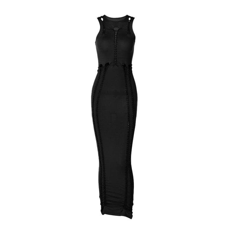 Y2K Aesthetic Crewneck Sleeveless Ruched Cut-Out Maxi Dress - Coquette & Grunge Style