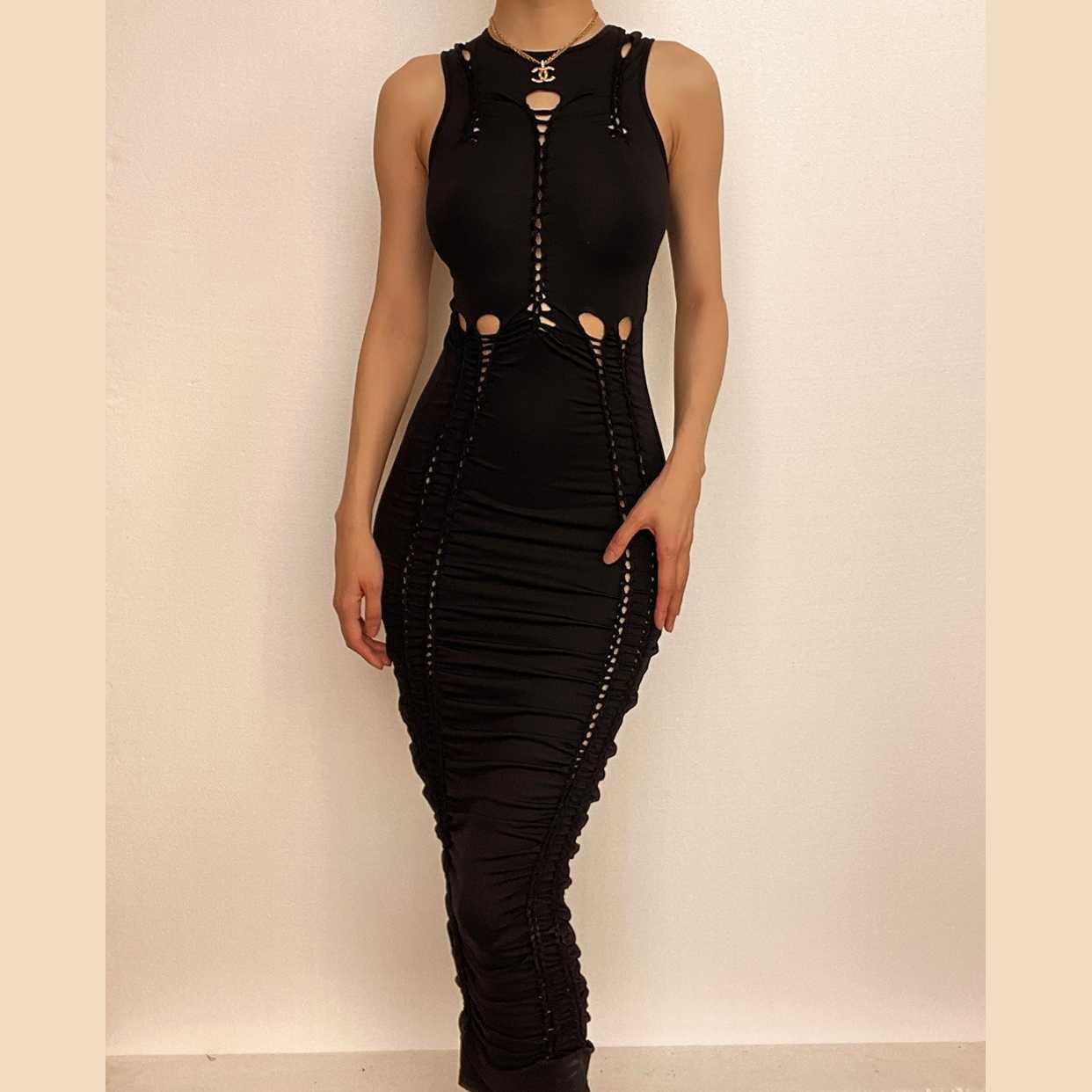 Y2K Aesthetic Crewneck Sleeveless Ruched Cut-Out Maxi Dress - Coquette & Grunge Style
