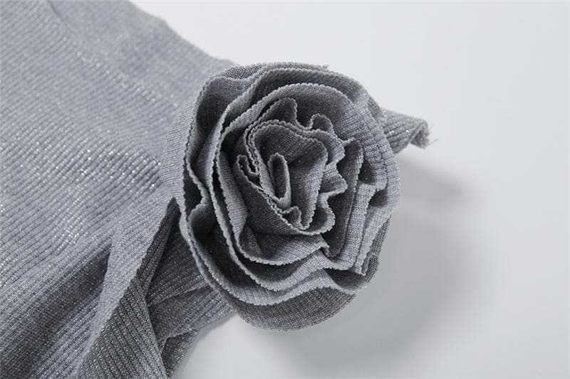 Y2K Aesthetic Crewneck Top with Flower Applique & Glitter Ruffles - Cute & Comfy Style