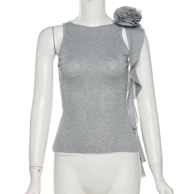 Y2K Aesthetic Crewneck Top with Flower Applique & Glitter Ruffles - Cute & Comfy Style