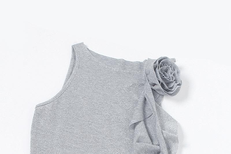 Y2K Aesthetic Crewneck Top with Flower Applique & Glitter Ruffles - Cute & Comfy Style