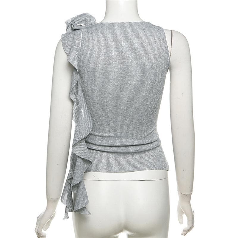 Y2K Aesthetic Crewneck Top with Flower Applique & Glitter Ruffles - Cute & Comfy Style