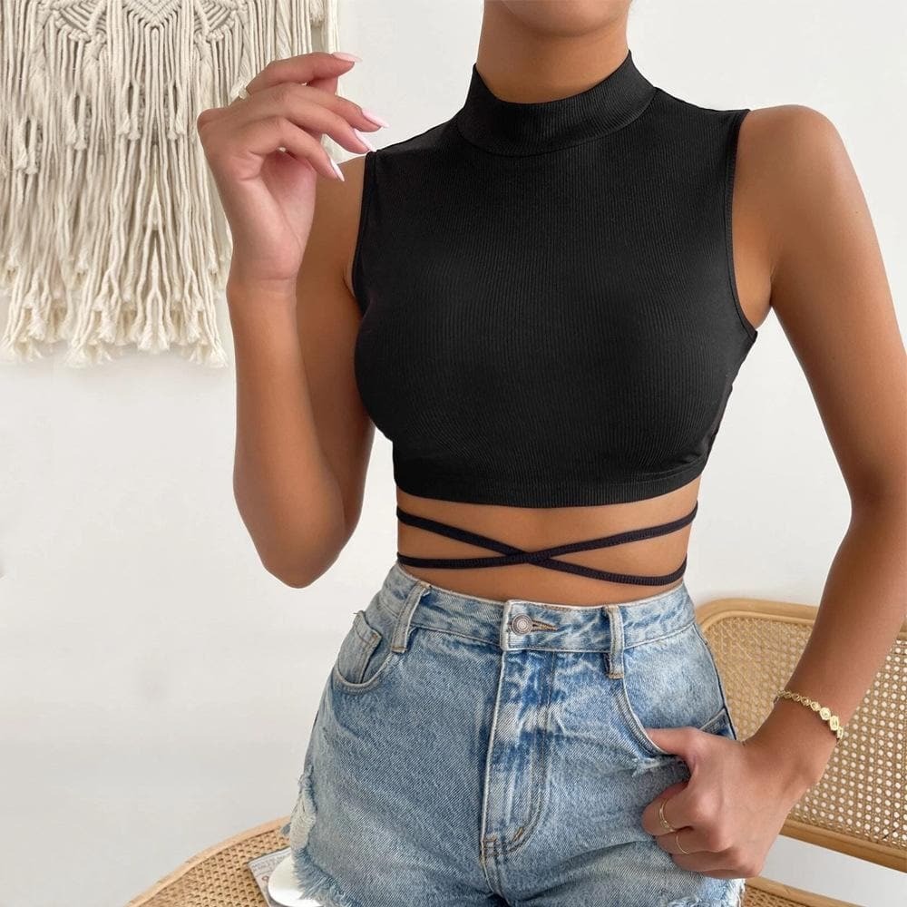 Y2K Aesthetic Cross Front Sleeveless High Neck Ribbed Crop Top - Cute & Comfy Style