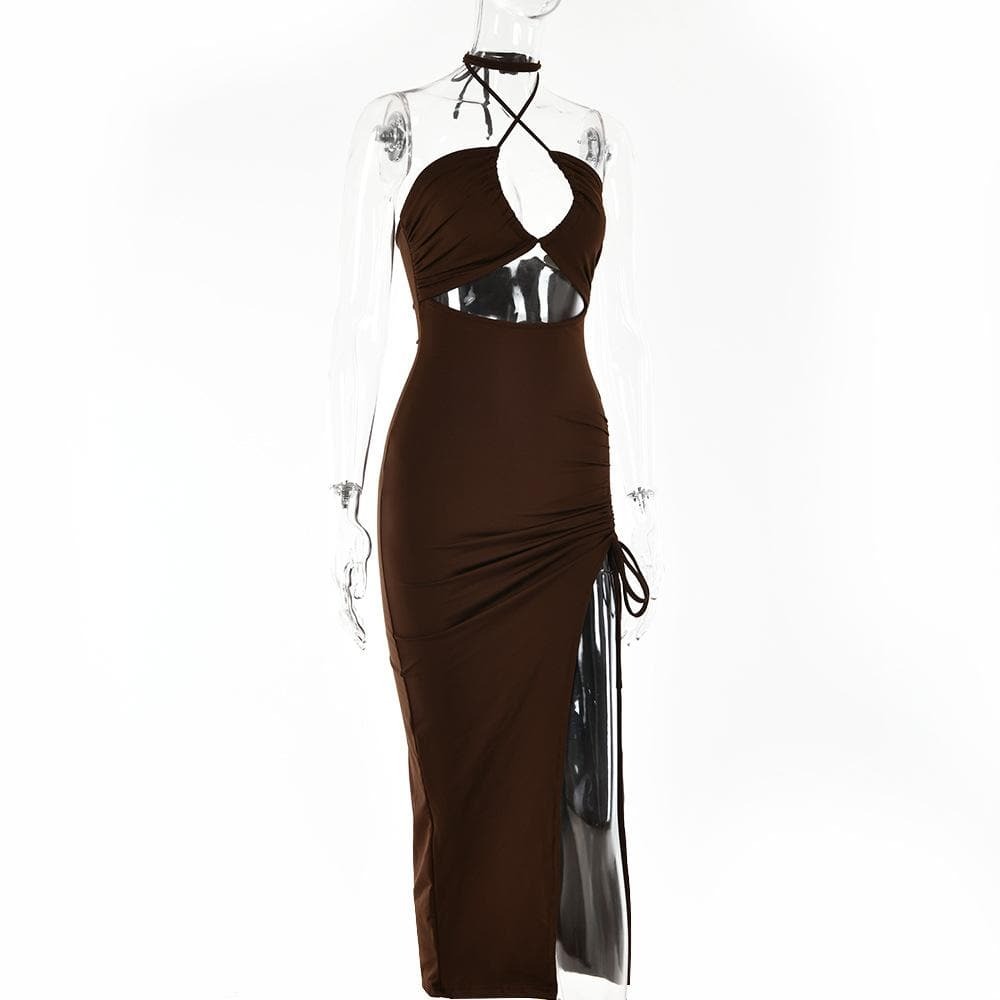 Y2K Aesthetic Drawstring Halter Backless Midi Dress with Slit & Ruched Cut-Out Details