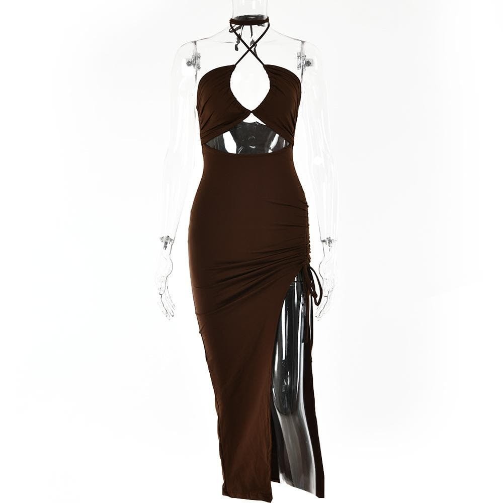 Y2K Aesthetic Drawstring Halter Backless Midi Dress with Slit & Ruched Cut-Out Details