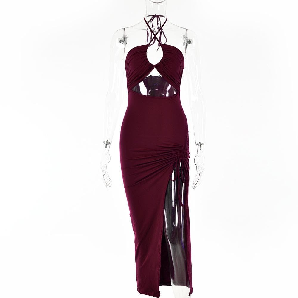 Y2K Aesthetic Drawstring Halter Backless Midi Dress with Slit & Ruched Cut-Out Details