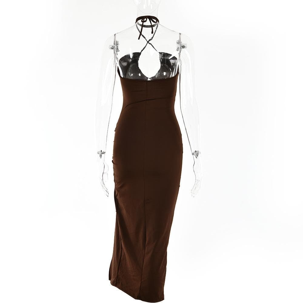Y2K Aesthetic Drawstring Halter Backless Midi Dress with Slit & Ruched Cut-Out Details
