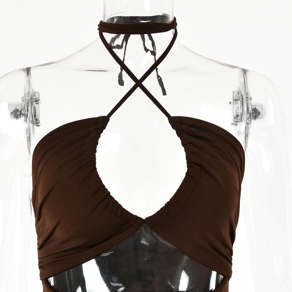 Y2K Aesthetic Drawstring Halter Backless Midi Dress with Slit & Ruched Cut-Out Details