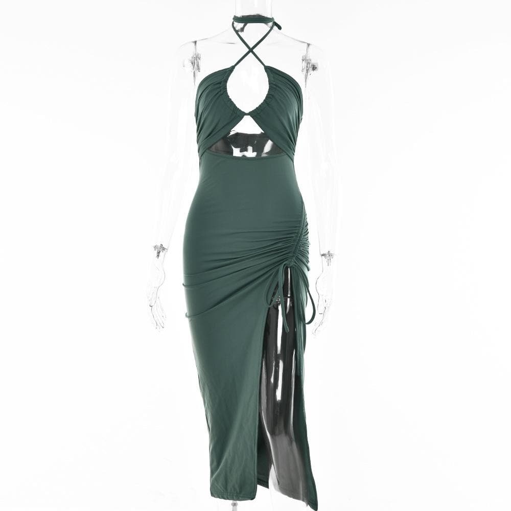 Y2K Aesthetic Drawstring Halter Backless Midi Dress with Slit & Ruched Cut-Out Details