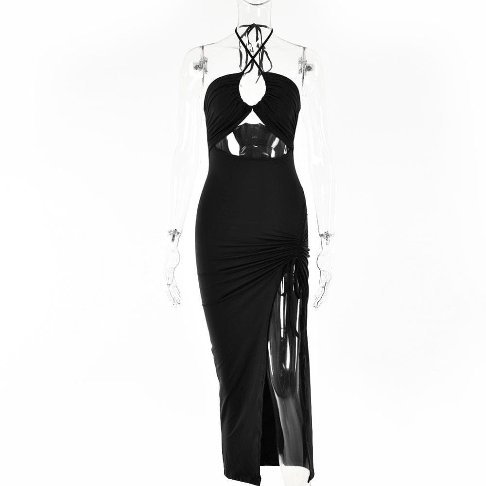 Y2K Aesthetic Drawstring Halter Backless Midi Dress with Slit & Ruched Cut-Out Details