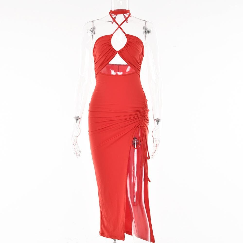 Y2K Aesthetic Drawstring Halter Backless Midi Dress with Slit & Ruched Cut-Out Details