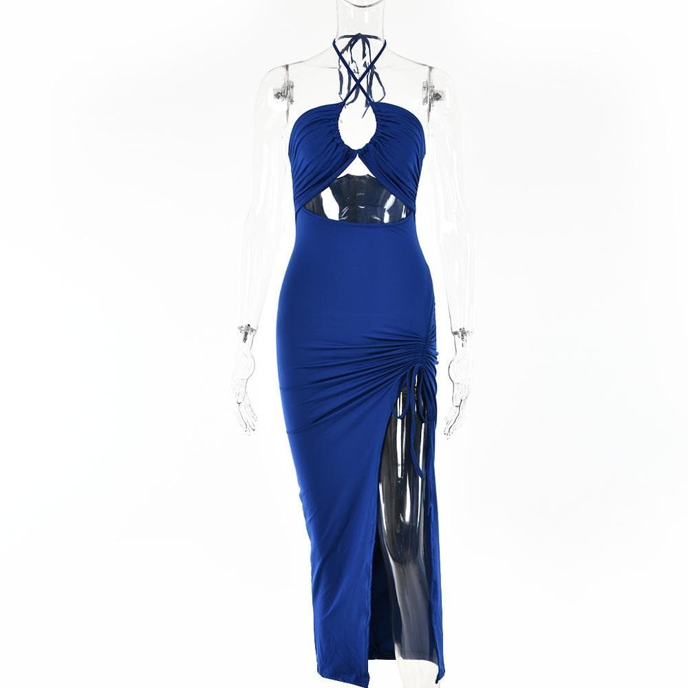 Y2K Aesthetic Drawstring Halter Backless Midi Dress with Slit & Ruched Cut-Out Details