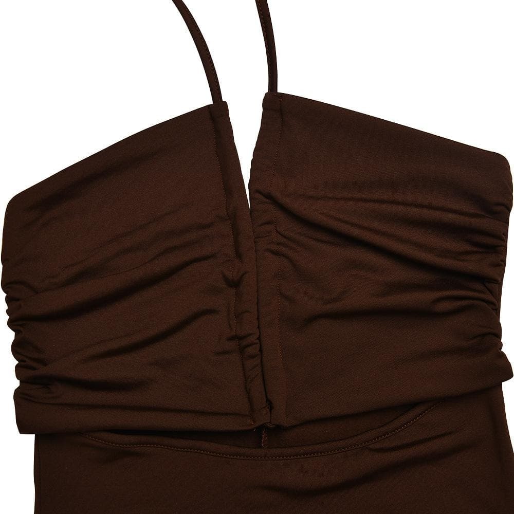 Y2K Aesthetic Drawstring Halter Backless Midi Dress with Slit & Ruched Cut-Out Details