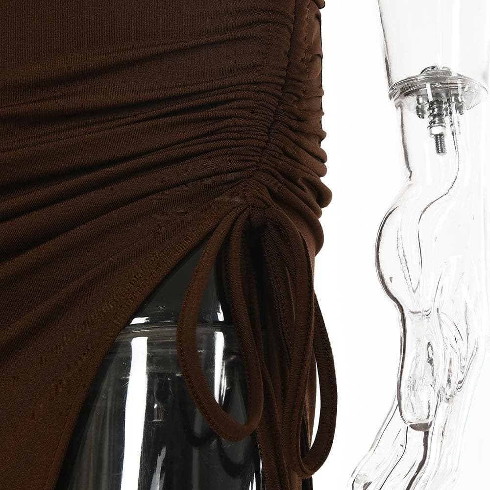Y2K Aesthetic Drawstring Halter Backless Midi Dress with Slit & Ruched Cut-Out Details