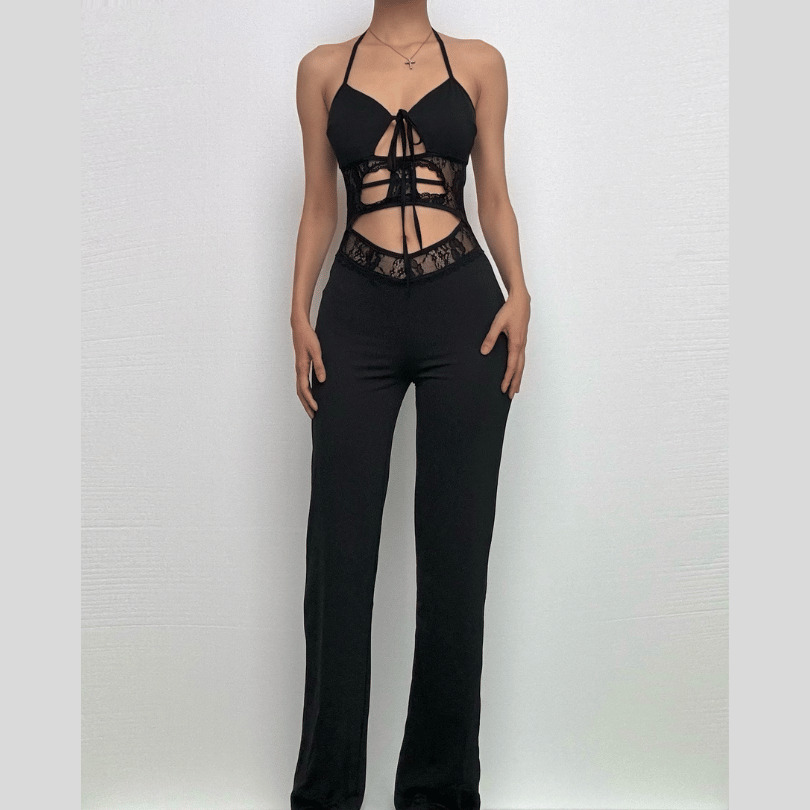 Y2K Aesthetic Halter Backless Pant Set - Cute Grunge & Coquette Style Outfit