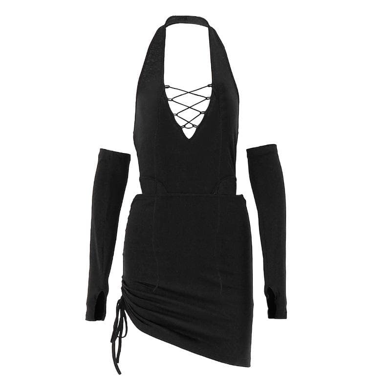 Y2K Aesthetic Halter Lace-Up Mini Dress with Cut-Outs & Drawstring Detail for Trendy Looks