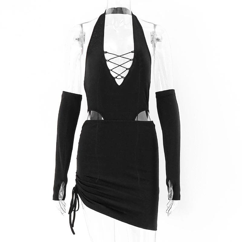 Y2K Aesthetic Halter Lace-Up Mini Dress with Cut-Outs & Drawstring Detail for Trendy Looks