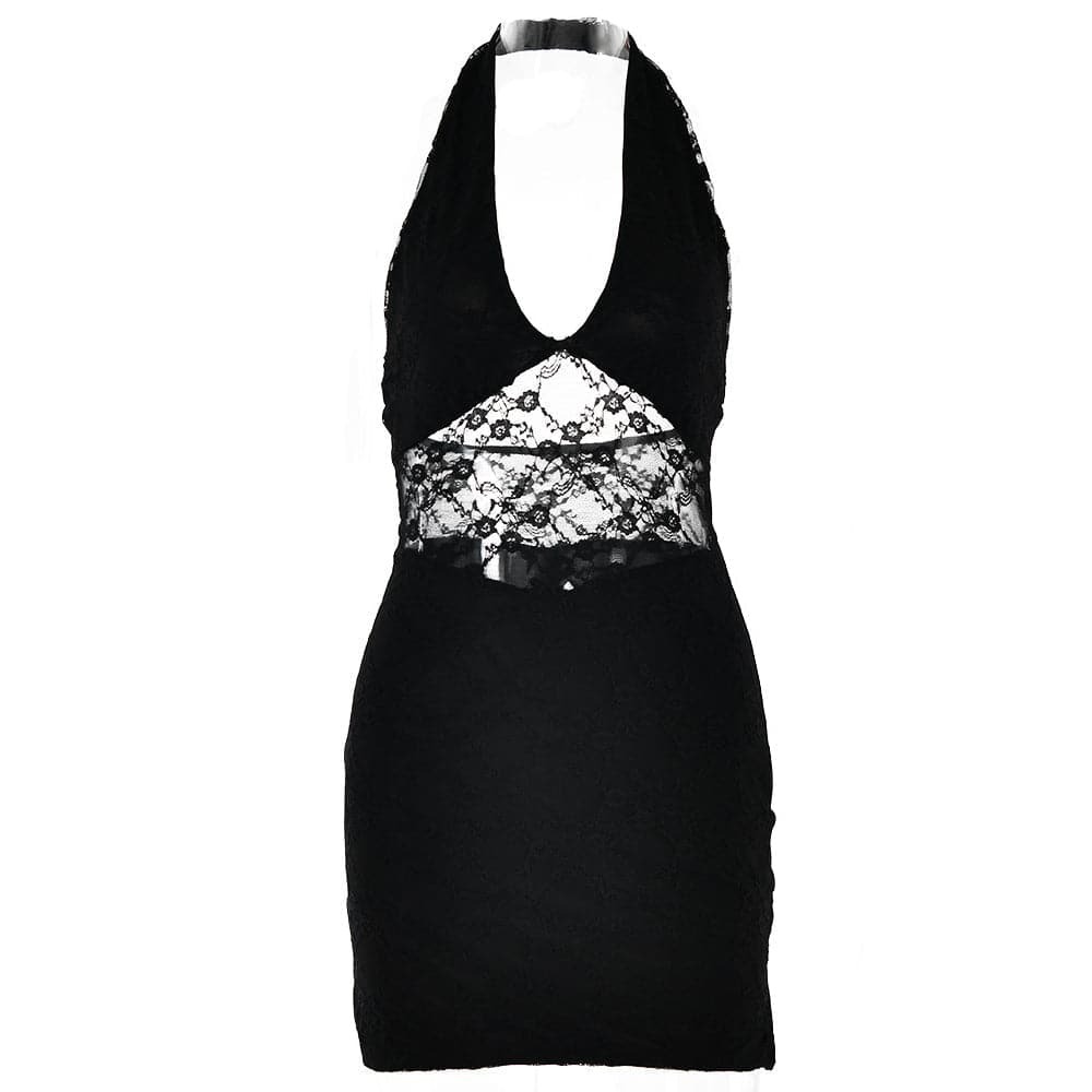 Y2K Aesthetic Halter Lace Patchwork Backless Mini Dress - Cute Grunge Coquette Style