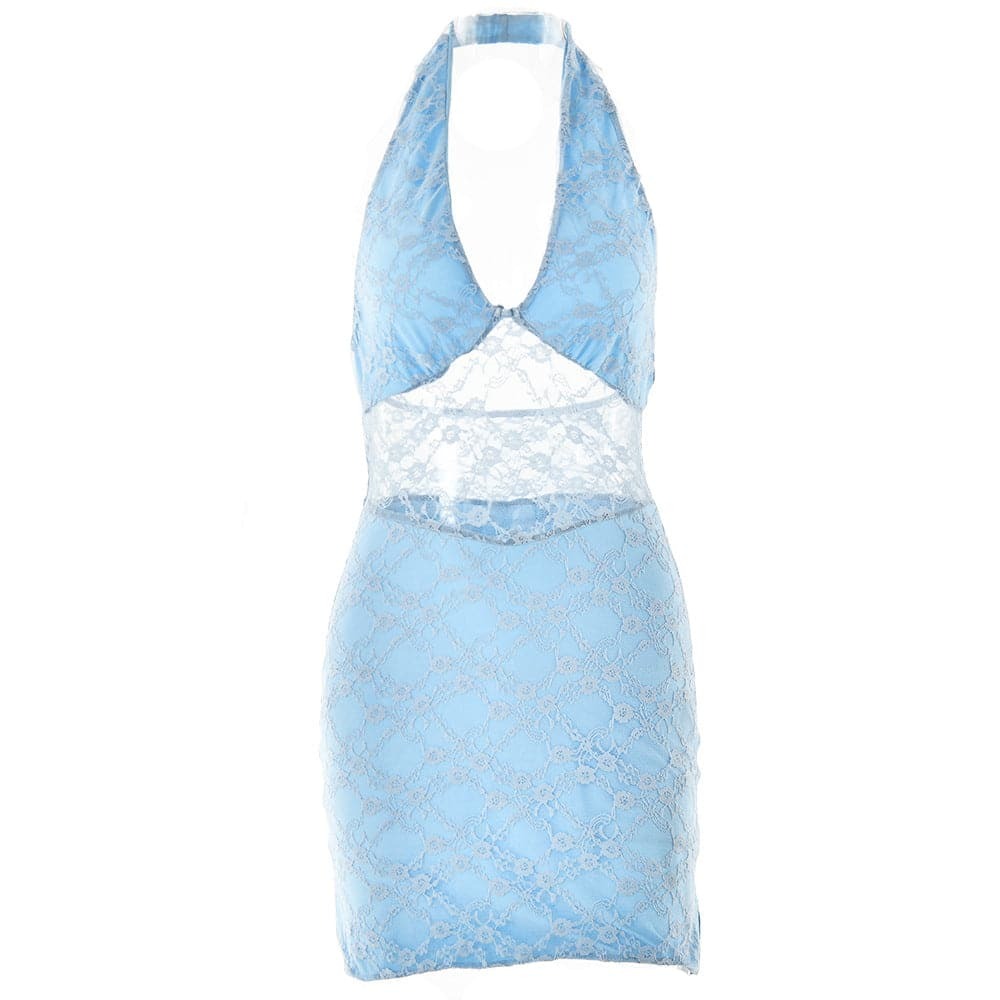 Y2K Aesthetic Halter Lace Patchwork Backless Mini Dress - Cute Grunge Coquette Style