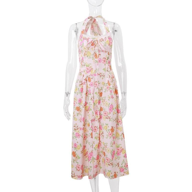 Y2K Aesthetic Halter Maxi Dress with Lace Hem - Cute Coquette & Grunge Style