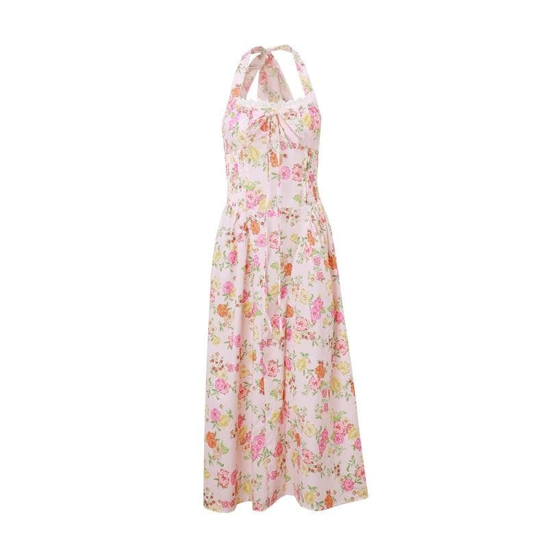 Y2K Aesthetic Halter Maxi Dress with Lace Hem - Cute Coquette & Grunge Style