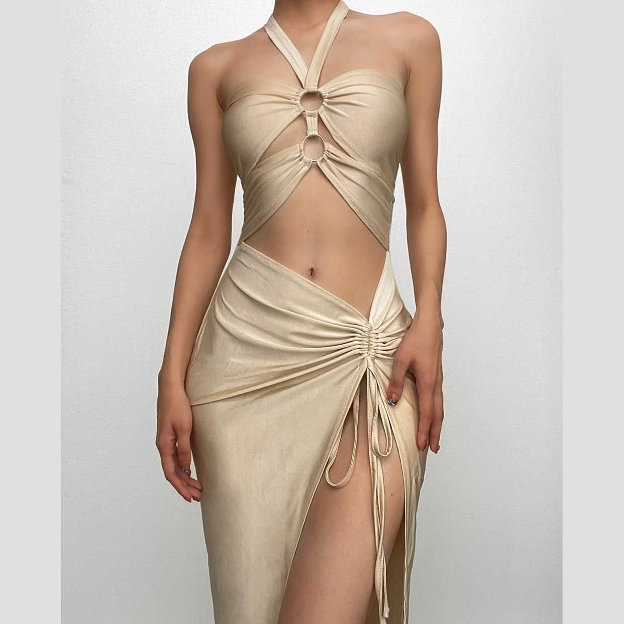Y2K Aesthetic Halter Midi Dress with Slit & O-Ring Cut-Out - Trendy Coquette Style