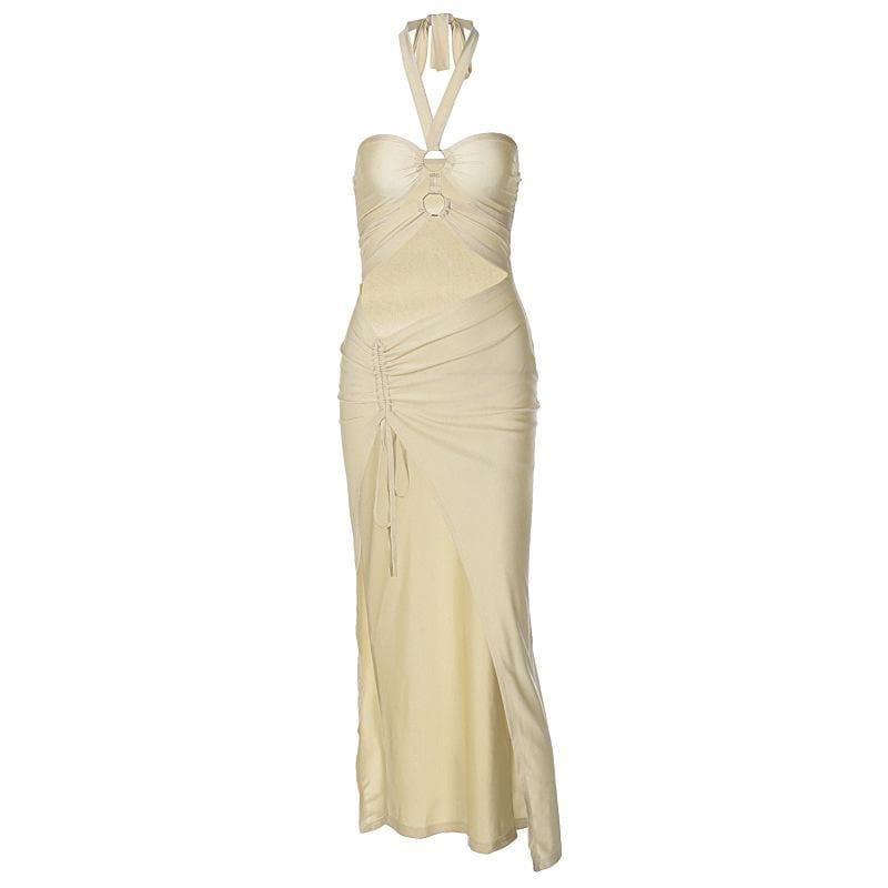 Y2K Aesthetic Halter Midi Dress with Slit & O-Ring Cut-Out - Trendy Coquette Style