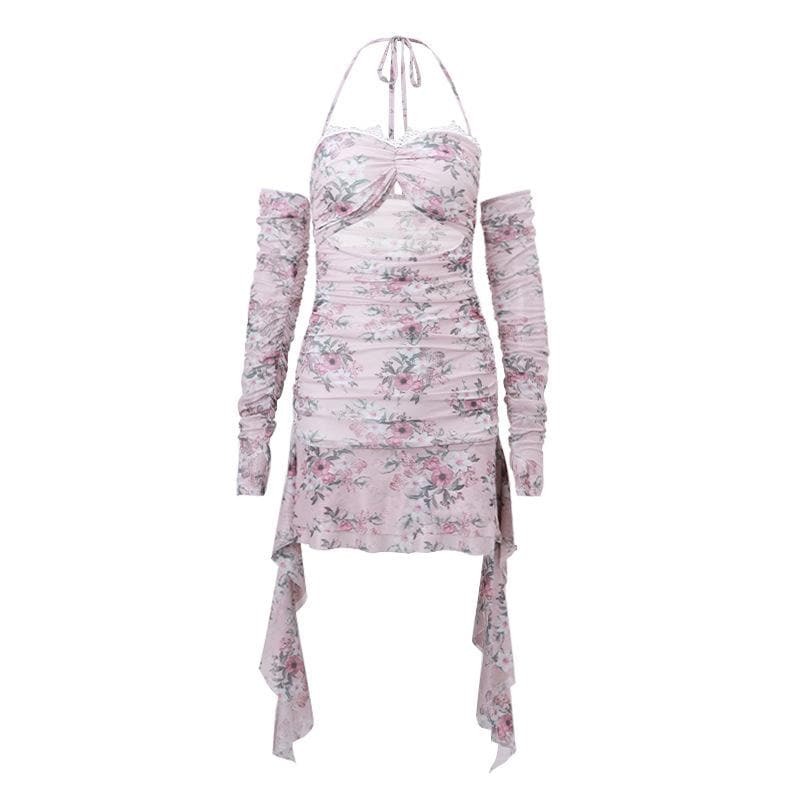 Y2K Aesthetic Halter Mini Dress with Lace Hem & Flower Print - Cute Coquette Style