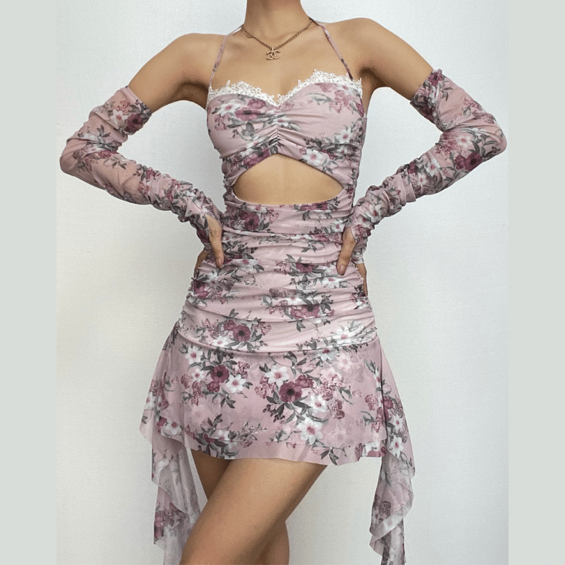 Y2K Aesthetic Halter Mini Dress with Lace Hem & Flower Print - Cute Coquette Style