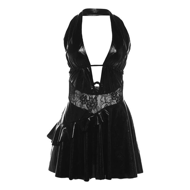 Y2K Aesthetic Halter Mini Dress with Lace Patchwork & Ruched Drawstring - Cute & Edgy