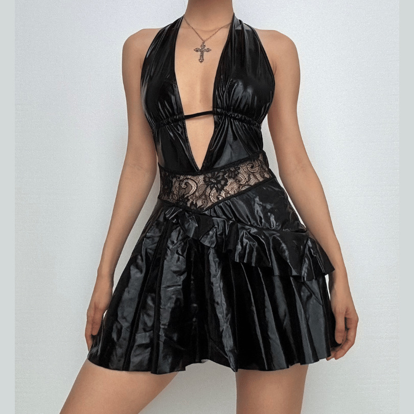 Y2K Aesthetic Halter Mini Dress with Lace Patchwork & Ruched Drawstring - Cute & Edgy