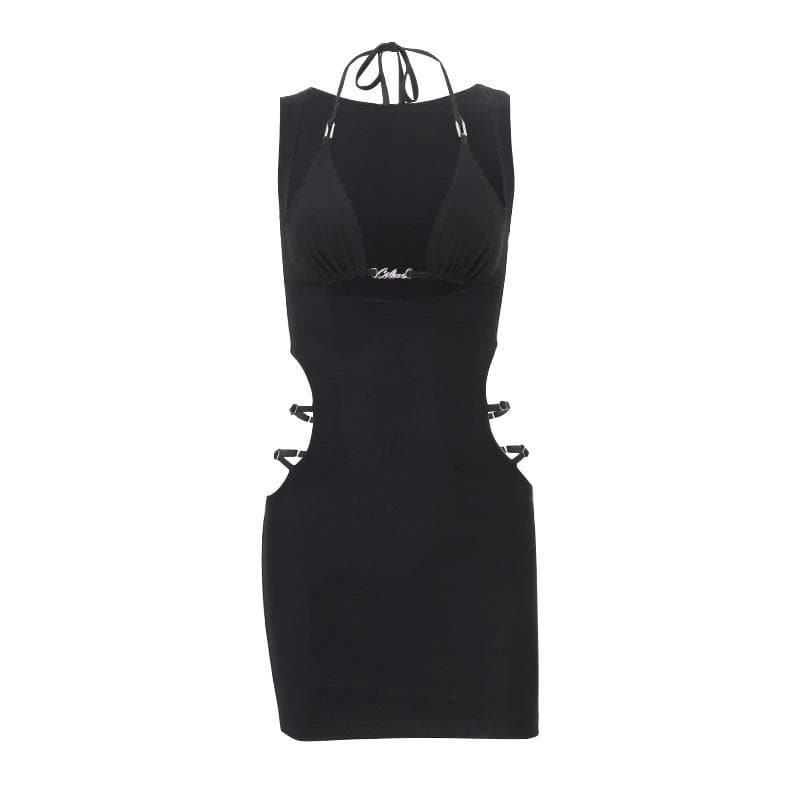 Y2K Aesthetic Halter Mini Dress with Metal Tag Cut-Outs - Trendy Coquette & Grunge Style