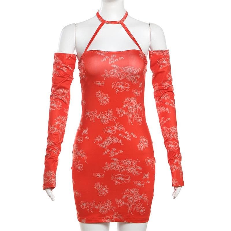 Y2K Aesthetic Halter Mini Dress with Ruched Back, Coquette Style & Cute Gloves Print