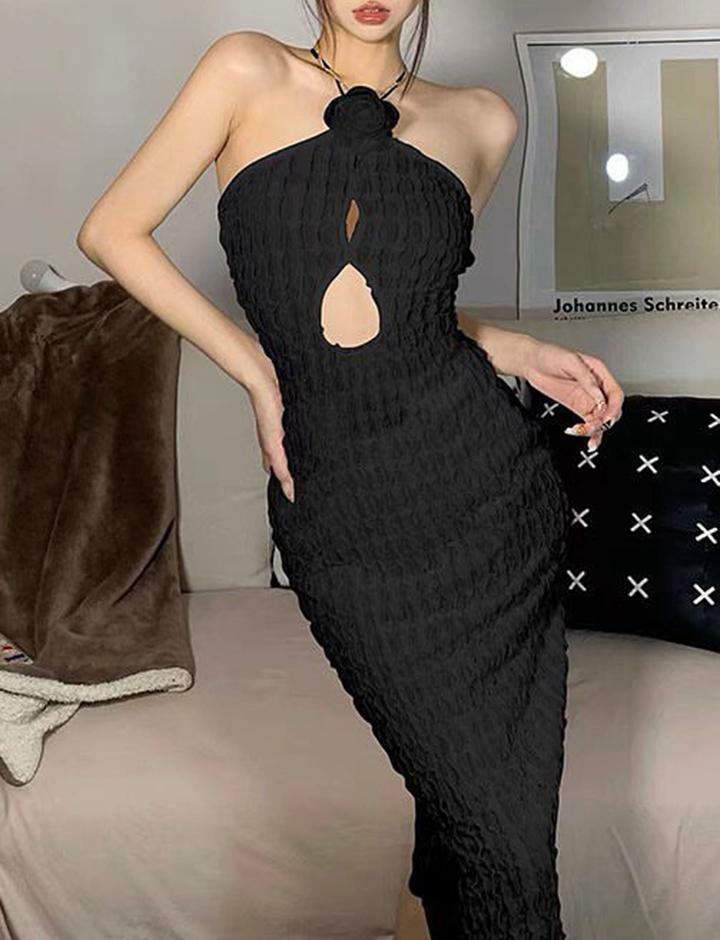 Y2K Aesthetic Halter Neck Backless Maxi Dress - Cute Solid Color for Coquette & Grunge Styles