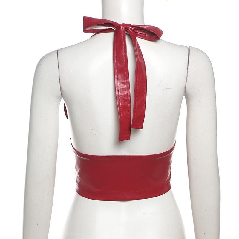 Y2K Aesthetic Halter PU Leather V-Neck Corset Top - Grunge & Coquette Style Essential