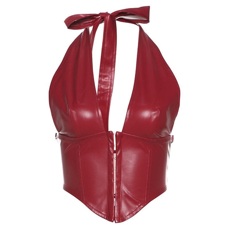 Y2K Aesthetic Halter PU Leather V-Neck Corset Top - Grunge & Coquette Style Essential