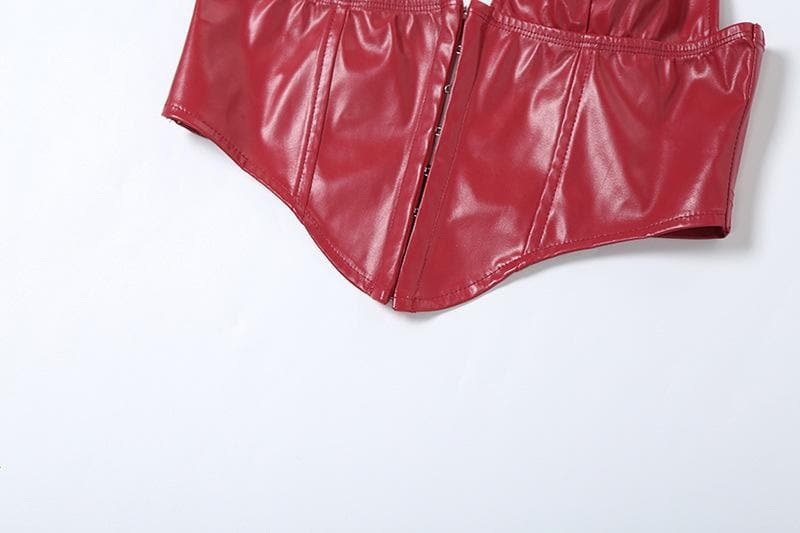 Y2K Aesthetic Halter PU Leather V-Neck Corset Top - Grunge & Coquette Style Essential