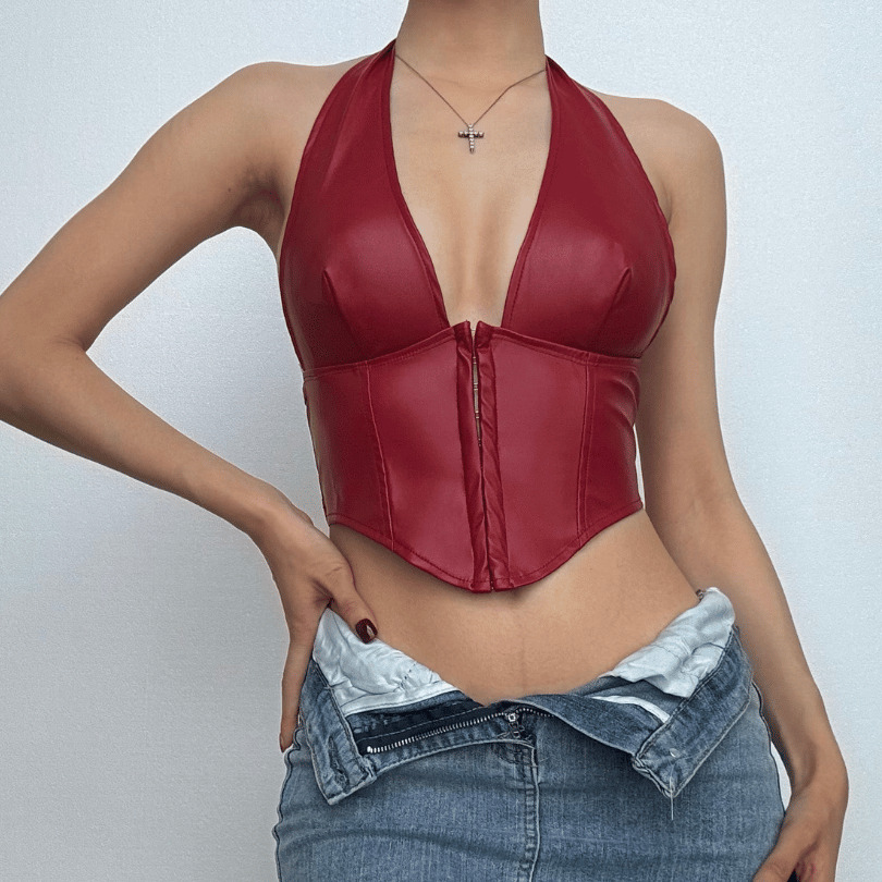 Y2K Aesthetic Halter PU Leather V-Neck Corset Top - Grunge & Coquette Style Essential