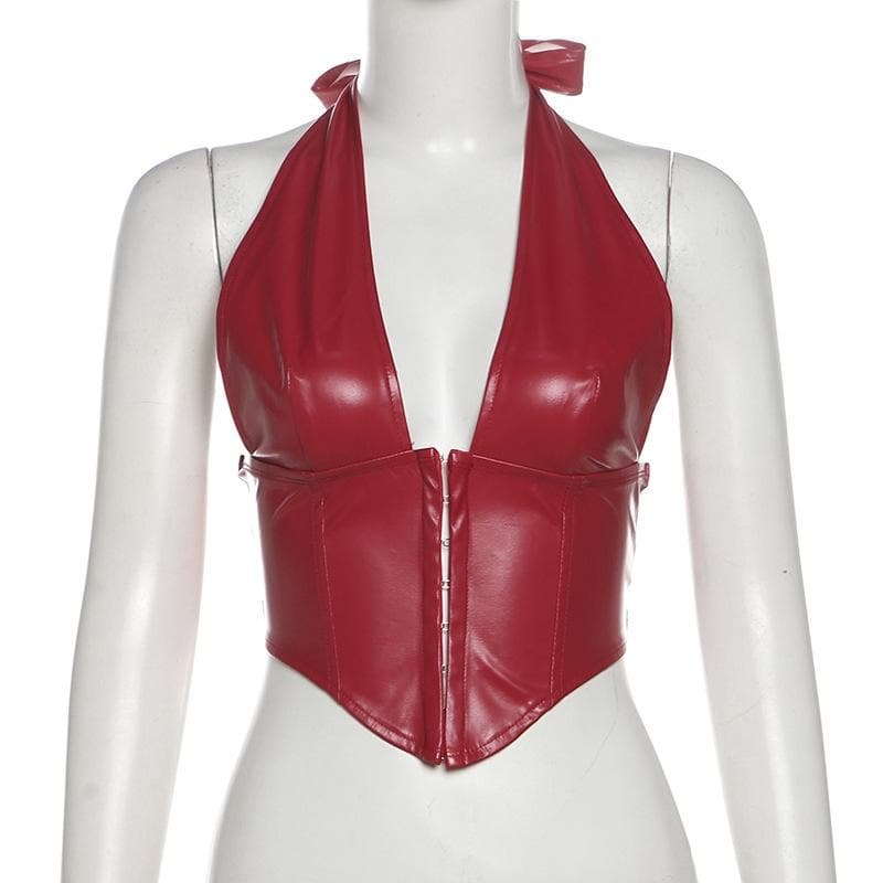 Y2K Aesthetic Halter PU Leather V-Neck Corset Top - Grunge & Coquette Style Essential