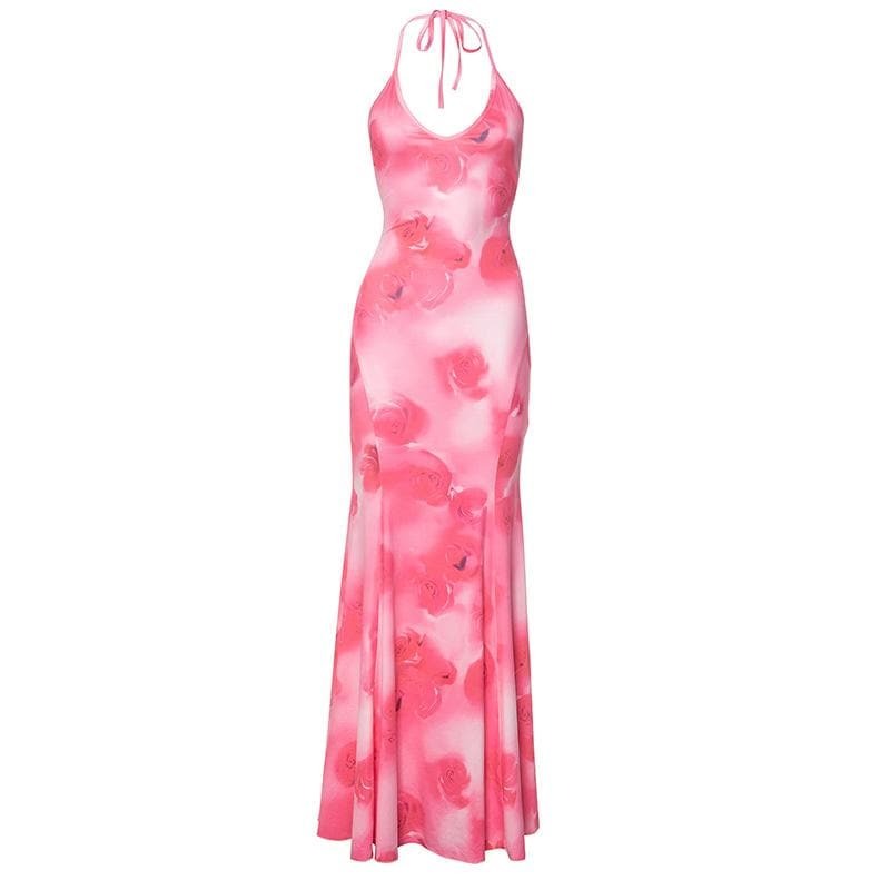 Y2K Aesthetic Halter Rose Print Backless Maxi Dress - Coquette & Grunge Style Vibes