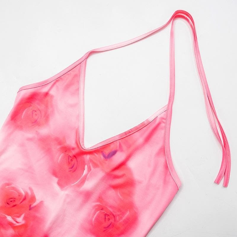 Y2K Aesthetic Halter Rose Print Backless Maxi Dress - Coquette & Grunge Style Vibes