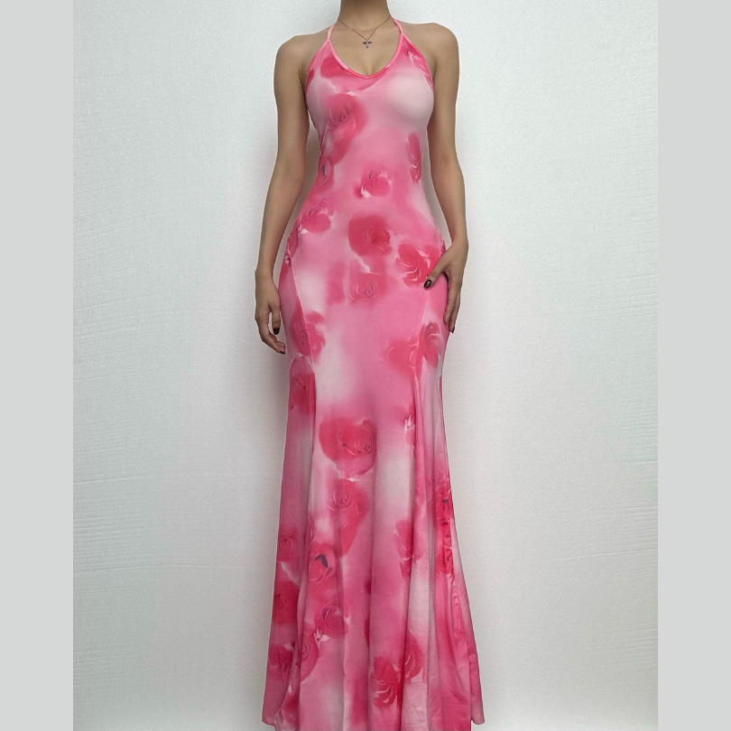 Y2K Aesthetic Halter Rose Print Backless Maxi Dress - Coquette & Grunge Style Vibes